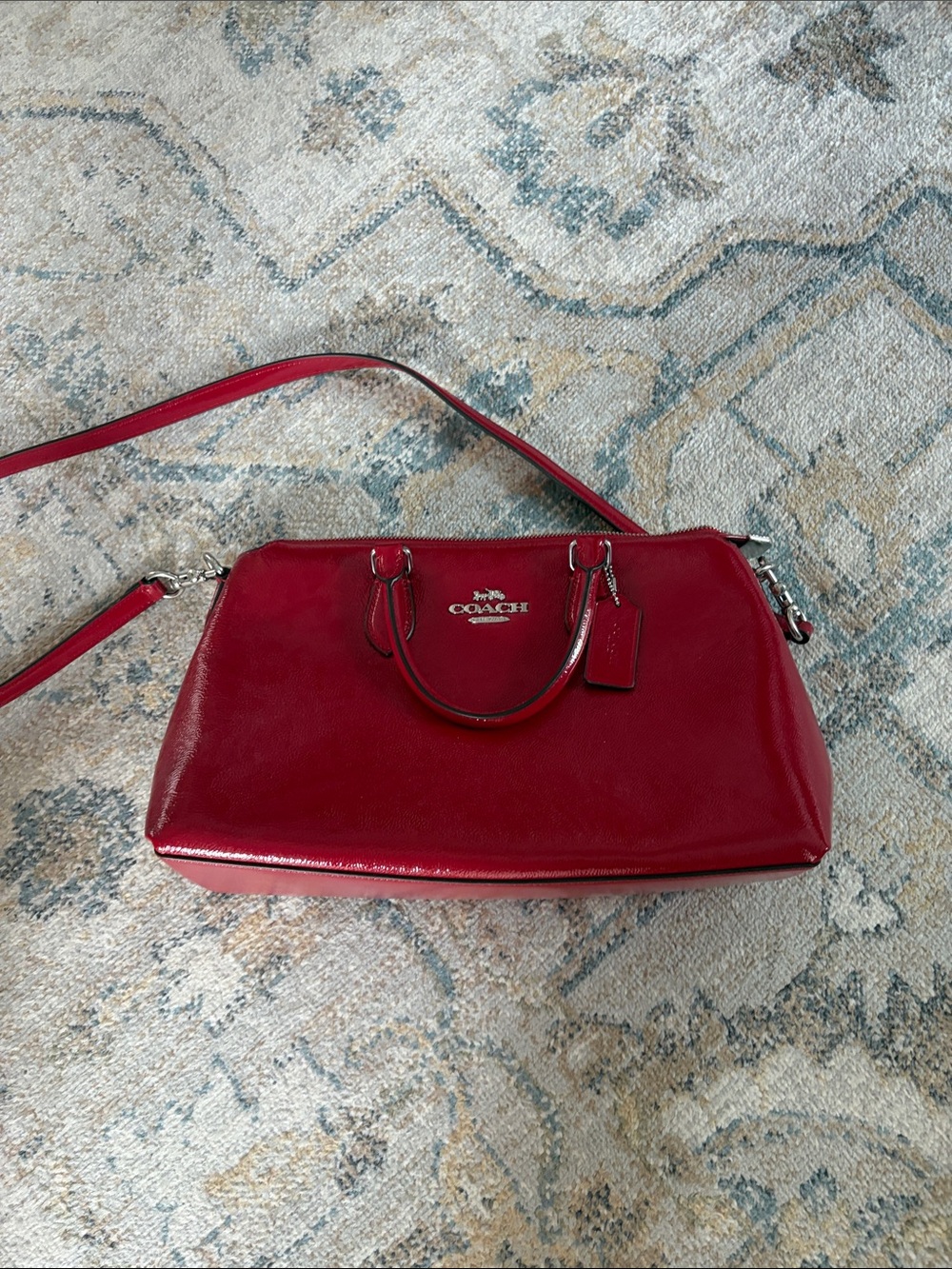 COACH Red Patent Satchel with Top Handles and Crossbody Strap